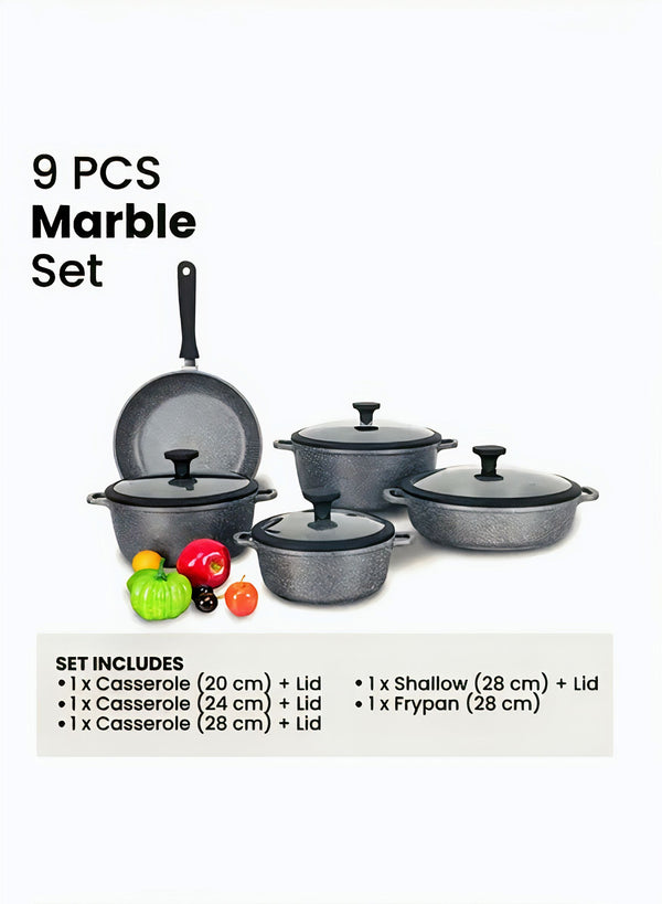 E121A0 -9 PCS COOKWARE MARBLE SET-GREYWHITEBLACK